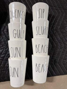 Rae Dunn White Cups with Black Lettering